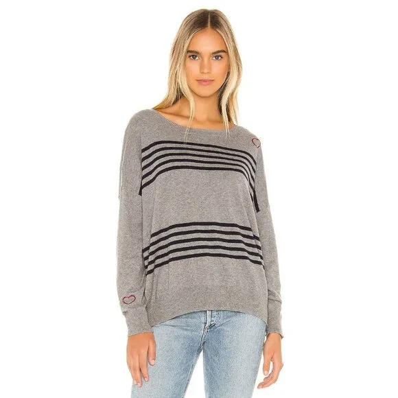 Chaser Heather Grey & Navy Stripe Cashmere Blend Sweater - Picture 5 of 8